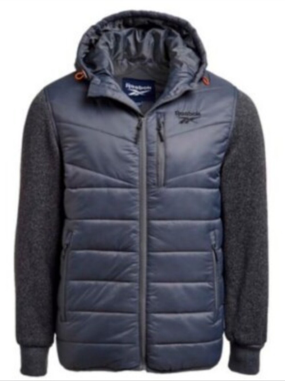 New Reebok Navy Hybrid Puffer Jacket wirh Sweater Fleece Sleeves